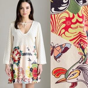 Vintage Butterfly Asian Floral Crochet Low Cut Flare Sleeve Dress Y2K 90’s